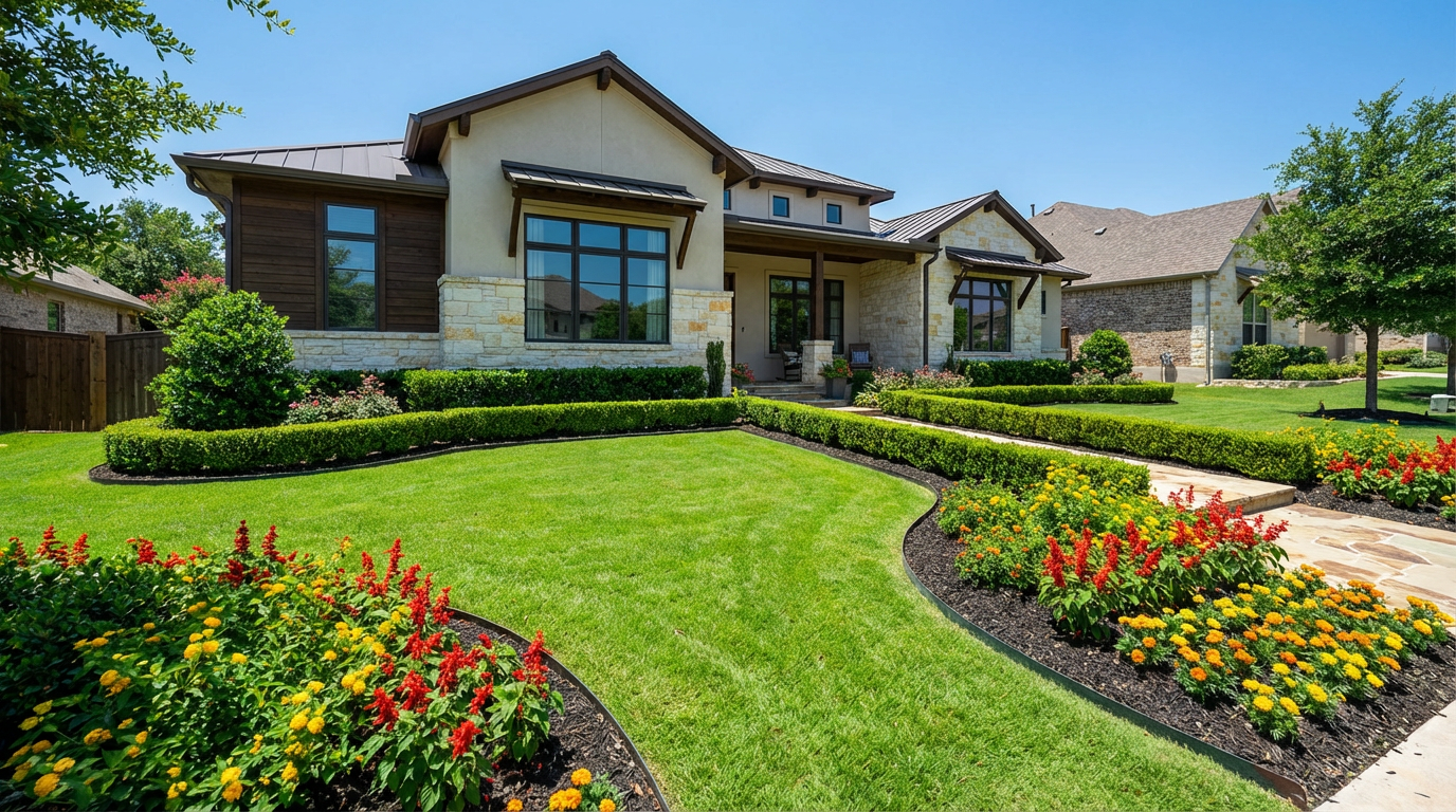 Professional front yard landscaping with colorful flowers - Austin, TX