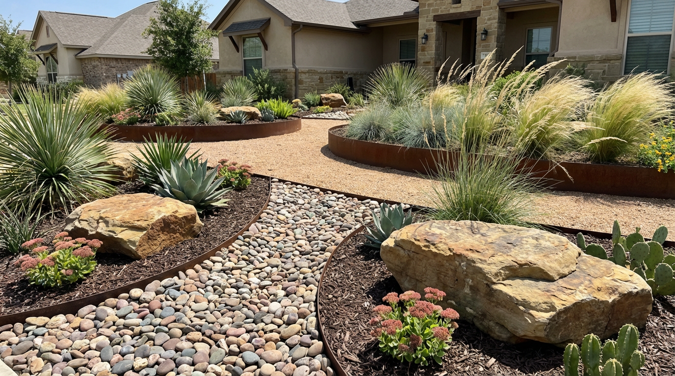 Decorative rock garden with drought-resistant plants - Austin, TX